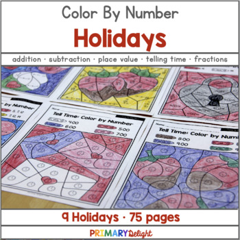 Preview of Color By Number Holiday Math Activities with Addition, Subtraction, Place Value