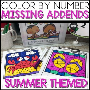 color by number missing addends summer themed math worksheets