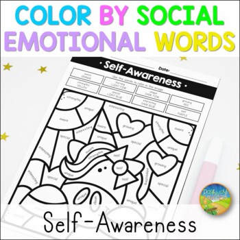 Preview of Color by SEL Words & Phrases - Self-Awareness Skills Activities & Worksheets