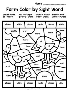Color by Sight Word Farm Kindergarten Worksheets by The Keeper of the ...