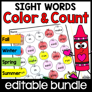 Preview of Color by Code Sight Word, Coloring Sheets, Editable Worksheets w/ Summer & Math