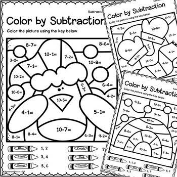 winter color by subtraction worksheets by terrific teaching tactics