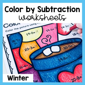 Preview of Winter Color By Subtraction Worksheets Double Digit Subtraction Color By Number 