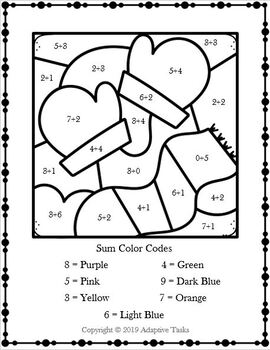 Color by Sum Winter Theme Single Digit Addition Worksheets (Adaptive Tasks)