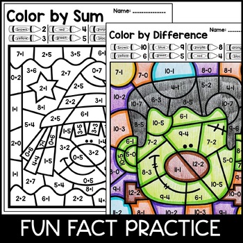 color by number halloween addition subtraction practice