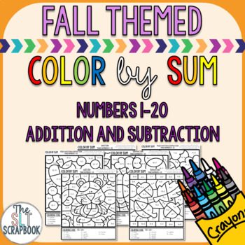 Preview of Color by Numbers - Addition and Subtraction 1-20- Fall Themed Math Sums- NO PREP