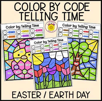 Preview of Color by Telling Time Color by Code Easter Earth day and Spring Weather