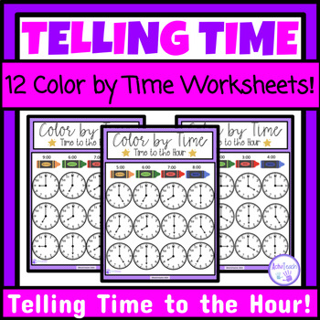 Preview of Telling Time to the Hour Worksheets Color By Time Packet Special Education Math