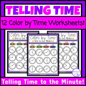 Preview of Telling Time to the Minute Worksheets Color By Time Packet Special Education