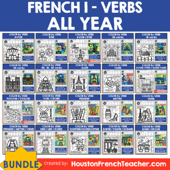 Preview of Color by code French Verbs ALL YEAR - Color by Conjugation - BUNDLE (20 in 1)