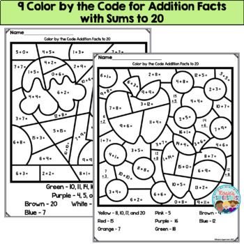 Addition Facts Color by the Code Sums to 20 by Rosie's Superstars