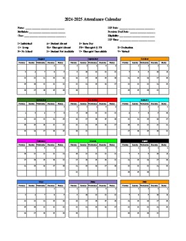 Color Coded 2021-2022 Attendance Calendar By Michiganslpmama | Tpt