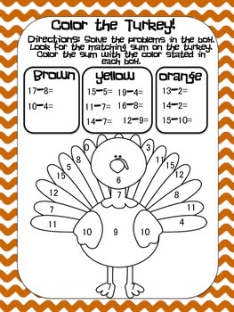 Color the Turkey Addition and Subtraction Worksheets by Life of a KinderMom