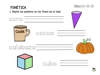 Preview of Colored Worksheet "CA-CO-CU" SYLLABLES- write -trazado 4