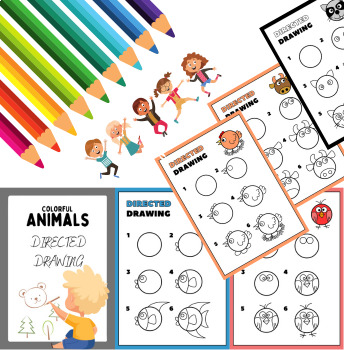 Preview of Colorful Directed Drawing Animals Visual Arts Worksheets
