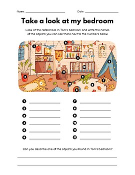 Preview of Colorful Bedroom Description Worksheet Set | 7 Pages