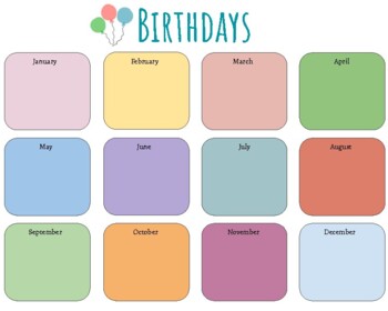 Colorful Birthday Chart by Tanya Kondrashevich | TPT
