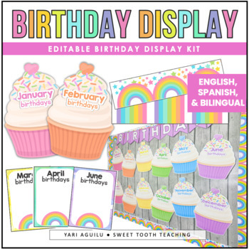 Preview of Colorful Birthday Display Posters & Cupcakes | English & Spanish |Pastel Rainbow