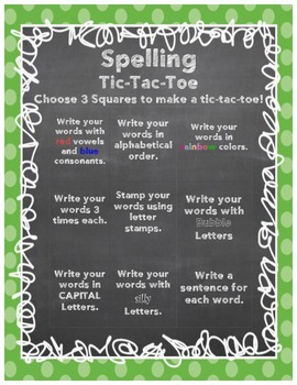 Colorful Chalkboard Spelling Tic-Tac-Toe