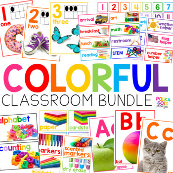 Preview of Rainbow Classroom Decor Bundle with Colorful Posters and Real Pictures