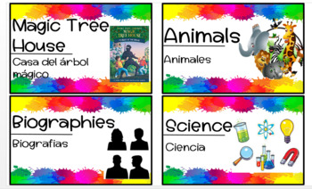 Preview of Colorful Classroom Library Labels in English/Spanish