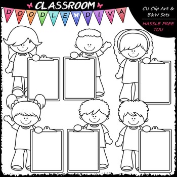 Colorful Clipboard Kids - Clip Art & B&W Set by Classroom Doodle Diva