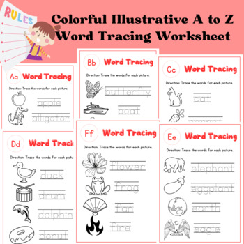 Preview of Colorful Illustrative A to Z Word Tracing Worksheet