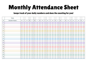 Preview of Colorful Monthly Classroom Roster Attendance Sheet - Editable!