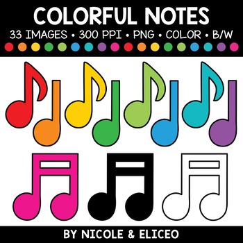 Preview of Colorful Music Note Clipart + FREE Blacklines - Commercial Use