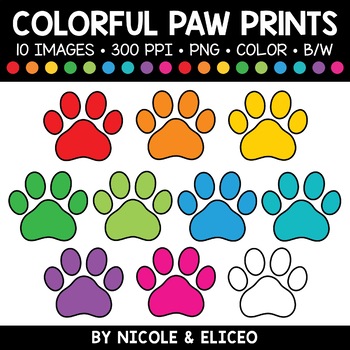 Preview of Colorful Paw Print Clipart + FREE Blacklines - Commercial Use