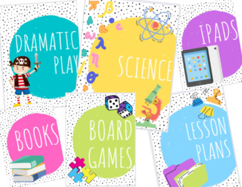 Preview of Colorful Polka Dot Classroom Center Labels (With Visuals) - Editable!