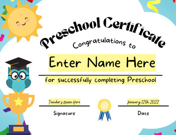 Preview of Colorful Preschool Certificate/Preschool Diploma
