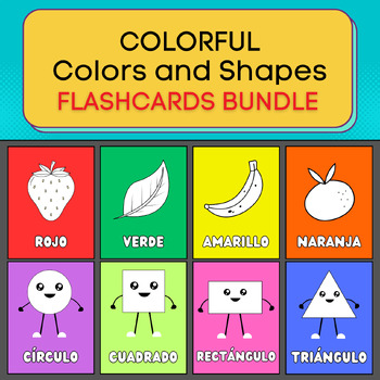 Colorful Shapes and Colors Flashcards Bundle In Spanish. Printable Posters