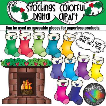 Preview of Colorful Stockings and Fireplace Clip Art- Chalkstar Graphics