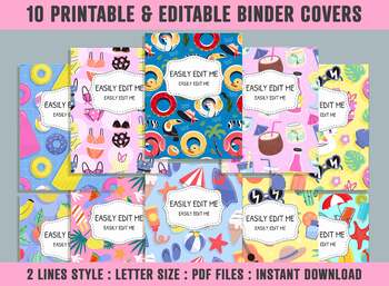 Preview of Colorful Summer Binder Cover, 10 Printable/Editable Binder Covers + Spines