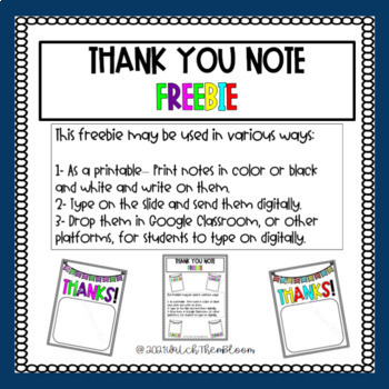 Preview of Colorful Thank You Note - FREEBIE for K - 3  printable and GOOGLE