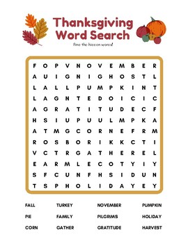 Colorful Thanksgiving Word Search Worksheet by Here for Fun Learning