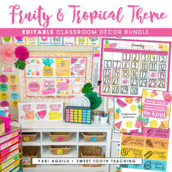 Preview of Colorful Tropical & Fruity Classroom Decor Bundle | EDITABLE | Fruit Theme