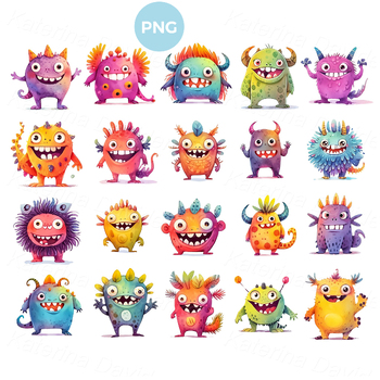 Colorful collection of funny cartoon monsters stickers, watercolor cute ...