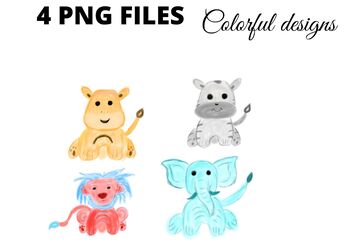 Preview of Colorful cute baby animals clipart watercolor png handmade