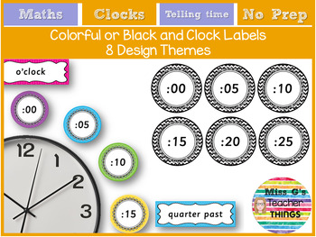 Preview of Colourful or Black and White Clock Labels - 8 Design Themes - Telling Time Clock