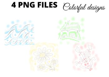 Preview of Colorful watercolor line art clipart pastel png flower water