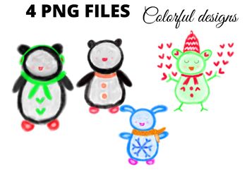 Preview of Colorful watercolor penguin Christmas png sublimation clipart bundle