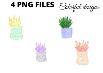 Preview of Colorful watercolor succulents water plants pots clipart png