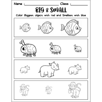 Coloring Big and Small Picture : Cute Animal no prep Math Worksheets