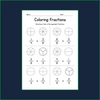 Coloring Equivalent Fractions - Math Worksheets - Test Prep - Assessment