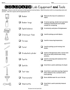 Coloring Lab Equipment and Tools Worksheet for Review or Assessment