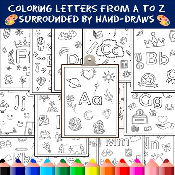 Preview of Coloring Letters from Aa to Zz Surrounded by Hand-Draws, Activity for Kids