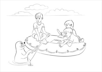 Preview of Coloring Page: SEAL, THREE BOYS, INFLATABLE BOAT / ТЮЛЕНЬ, МАЛЬЧИКИ, НАДУВ.ЛОДКА