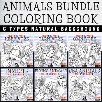Preview of Coloring Pages 6 Animal Types From Herbivore To insects Worksheets Printable